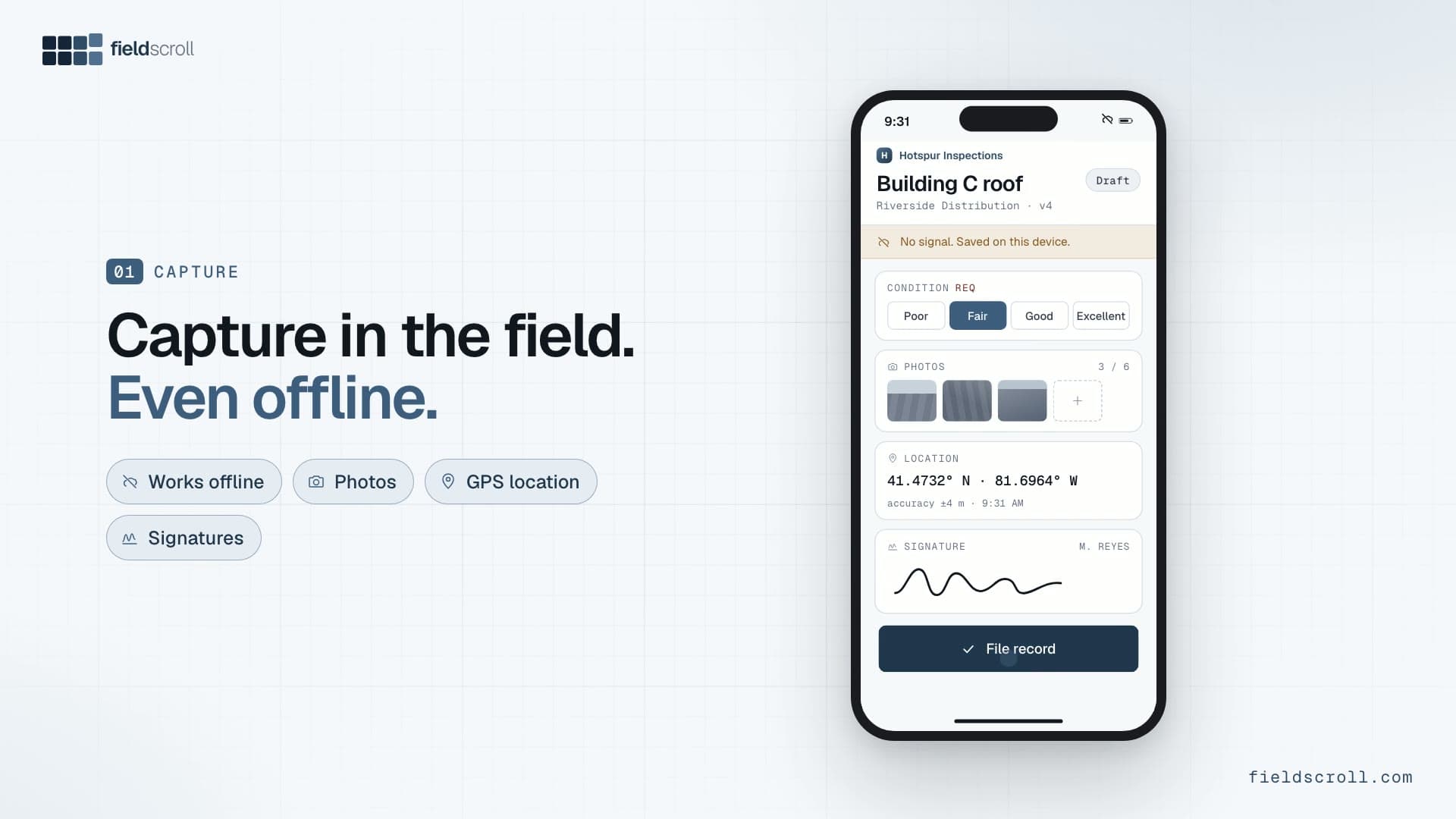 A branded inspection app on a phone, saving a record with no signal.